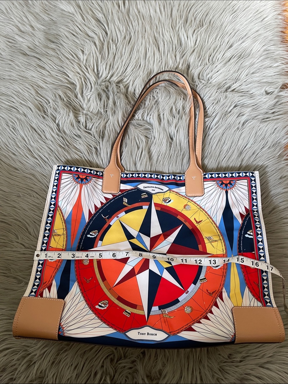 Tory Burch Multicolor Compass Graphic Tote with Tan Leather Handles - Picture 11 of 13